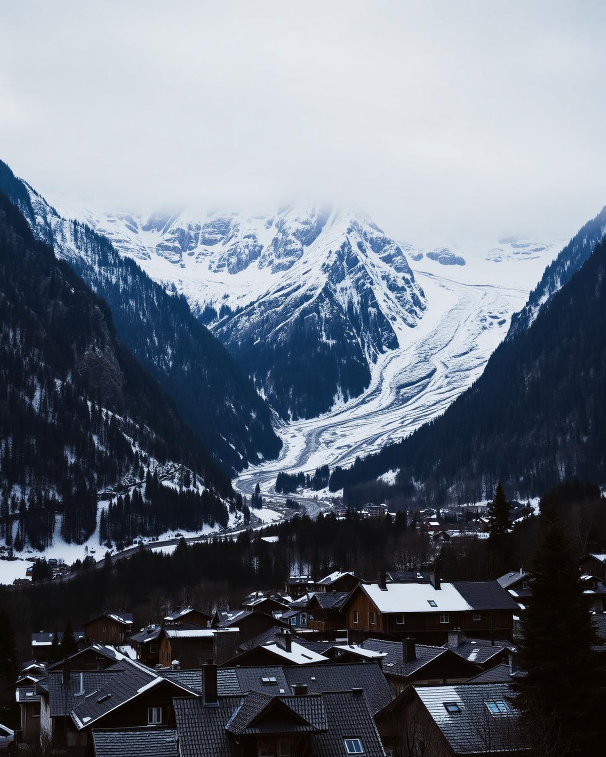 Snow-covered peaks above the Chamonix valley in soft winter light