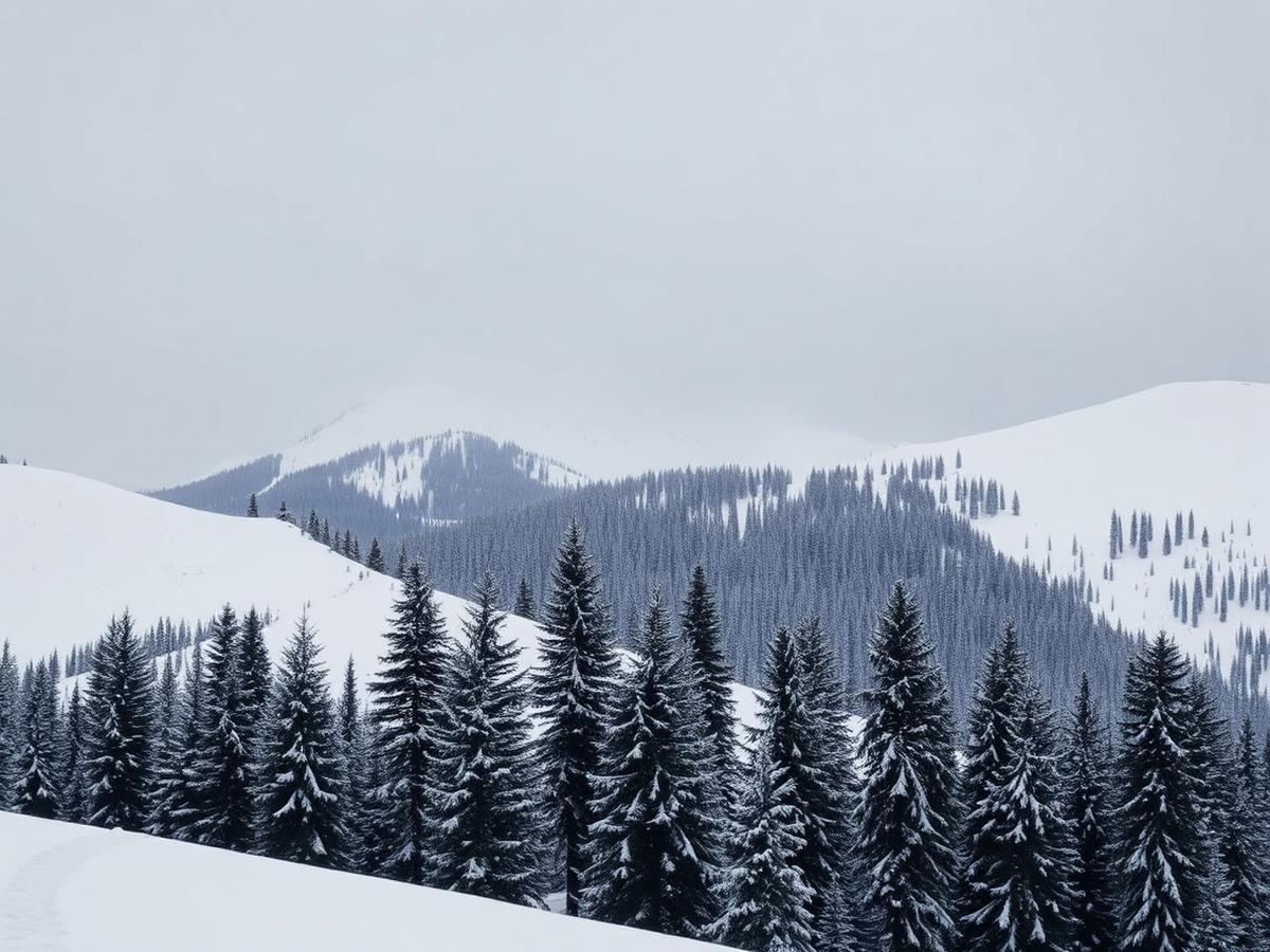 Snow-covered slopes and spruce forest above Courchevel under soft winter light