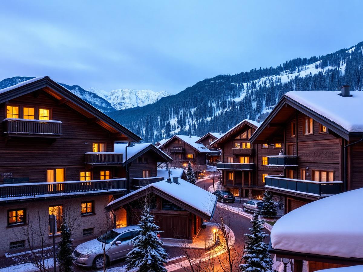 Wooden chalets in Megève at dusk with warm window light and fresh snow