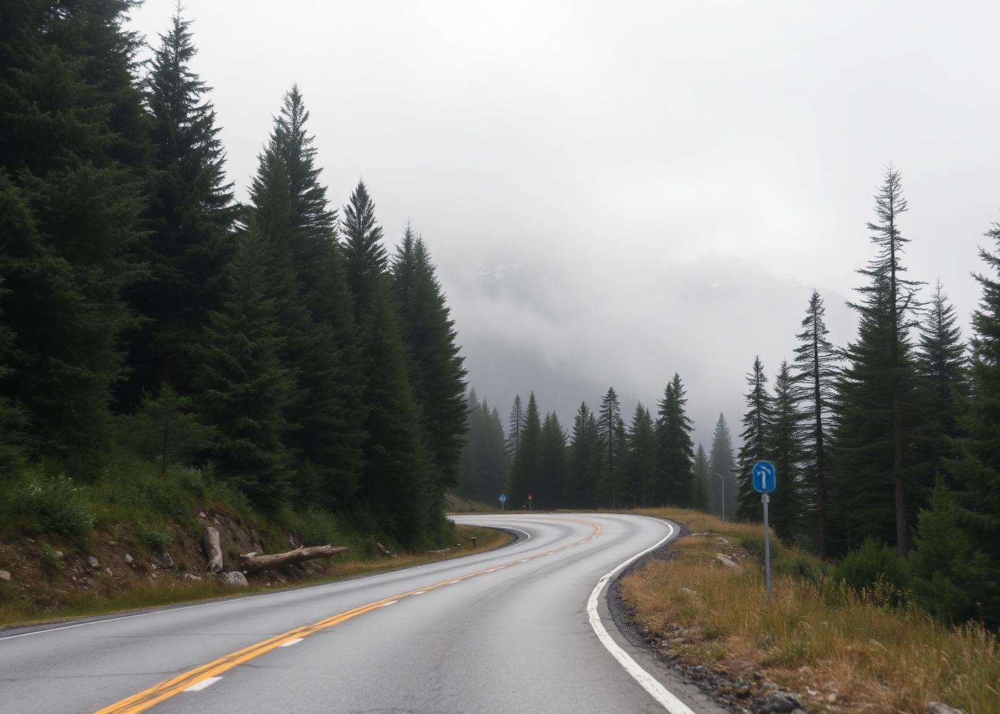 Alpine road through pine forest in soft mist