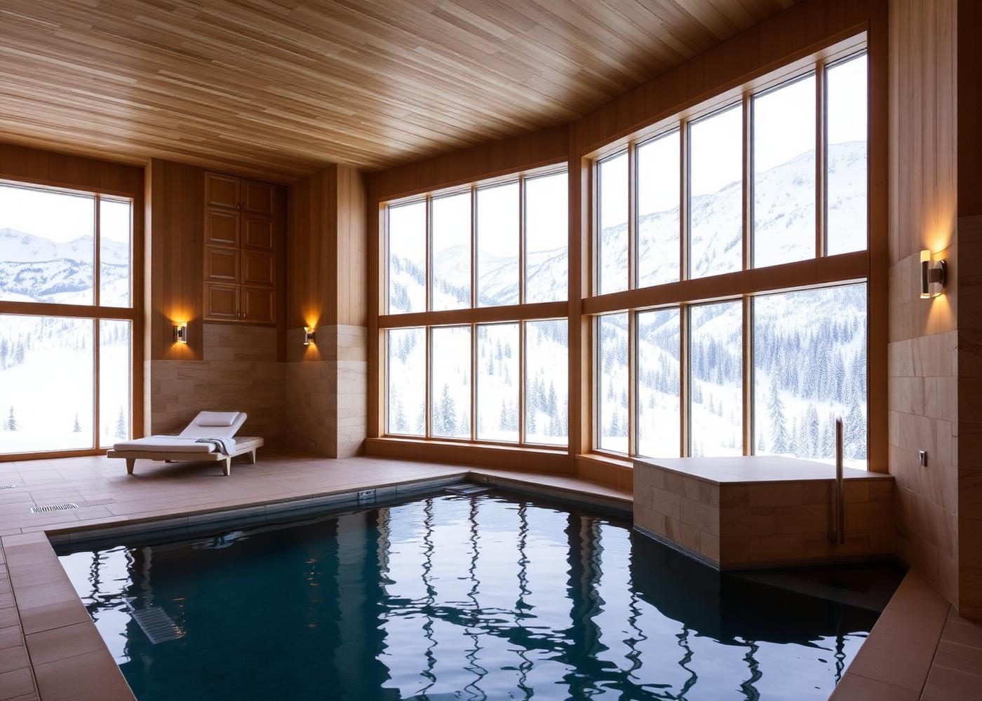 Indoor spa pool facing snow-covered mountains through tall windows